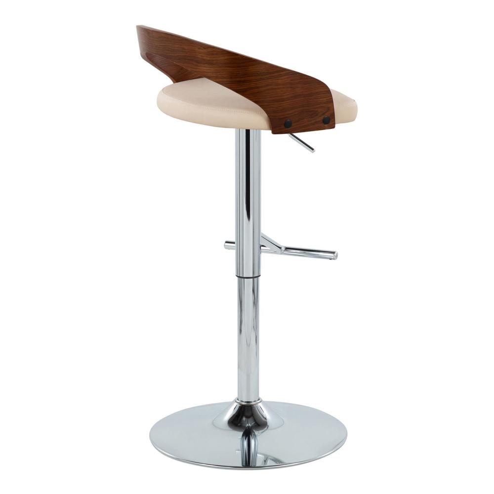 Chrome Metal, Walnut Wood, Cream PU Grotto Adjustable Barstool - Set of 2. Picture 4