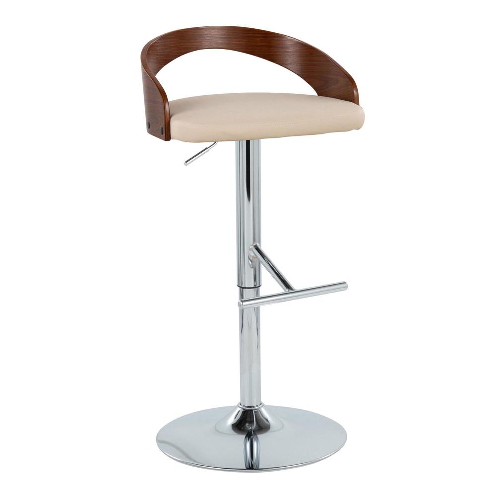 Chrome Metal, Walnut Wood, Cream PU Grotto Adjustable Barstool - Set of 2. Picture 2