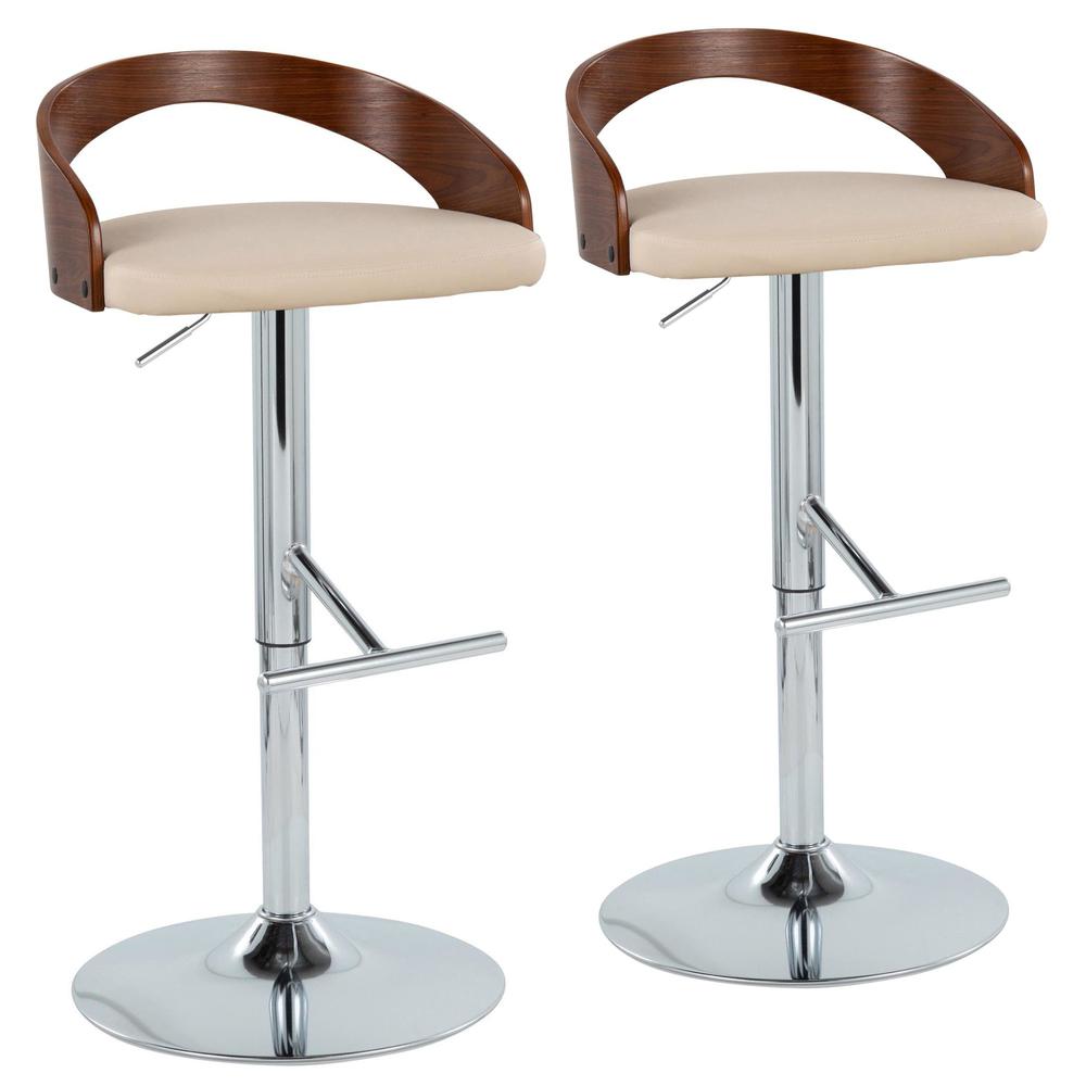 Chrome Metal, Walnut Wood, Cream PU Grotto Adjustable Barstool - Set of 2. Picture 1