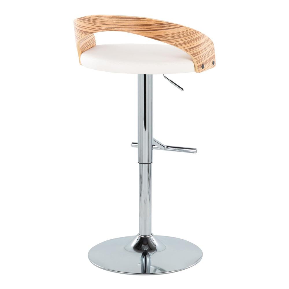 Chrome Metal, Zebra Wood, White PU Grotto Adjustable Barstool - Set of 2. Picture 4