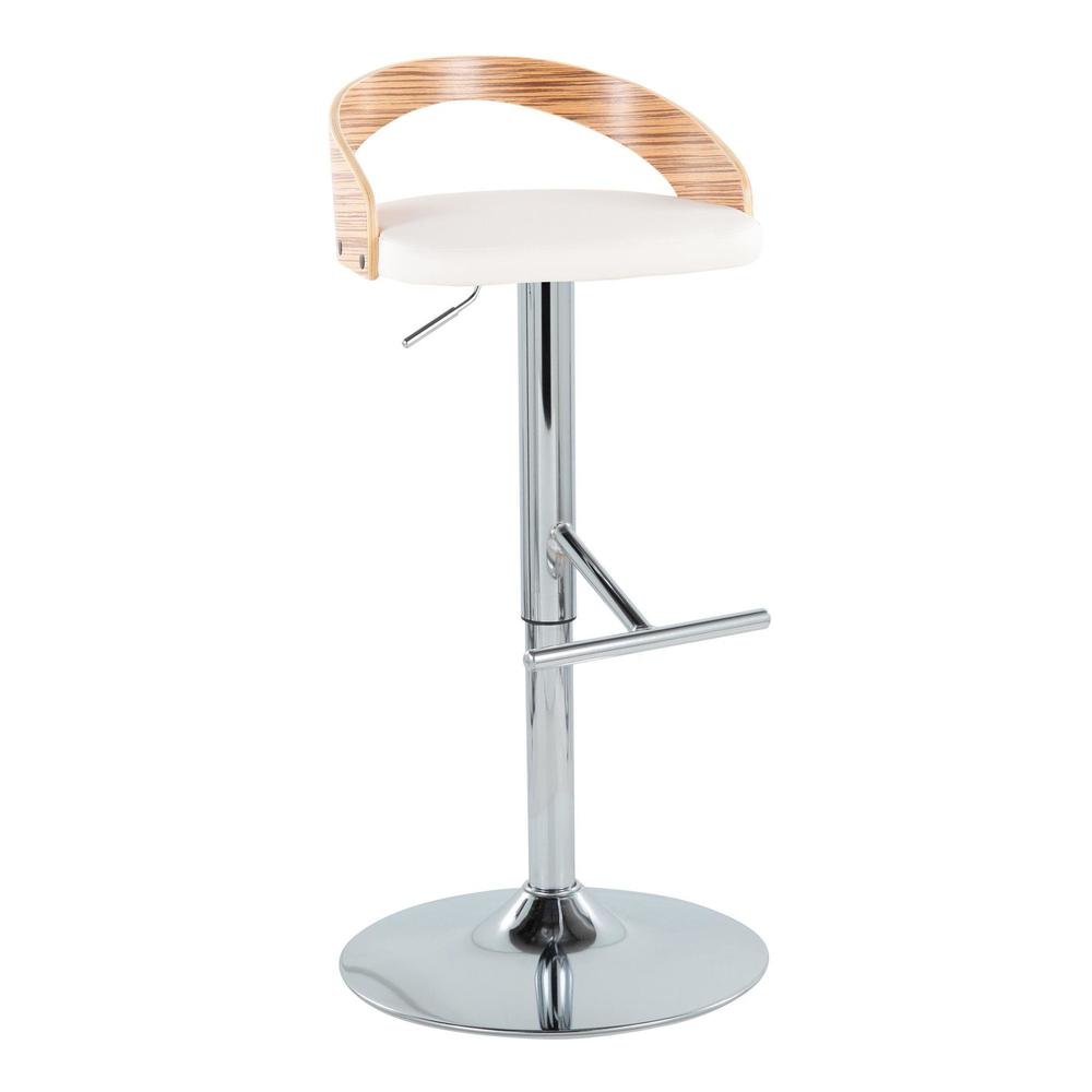 Chrome Metal, Zebra Wood, White PU Grotto Adjustable Barstool - Set of 2. Picture 2