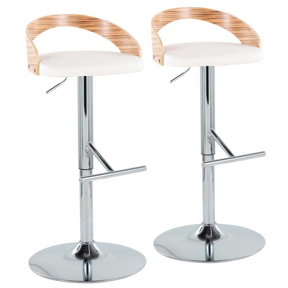 Chrome Metal, Zebra Wood, White PU Grotto Adjustable Barstool - Set of 2. Picture 1