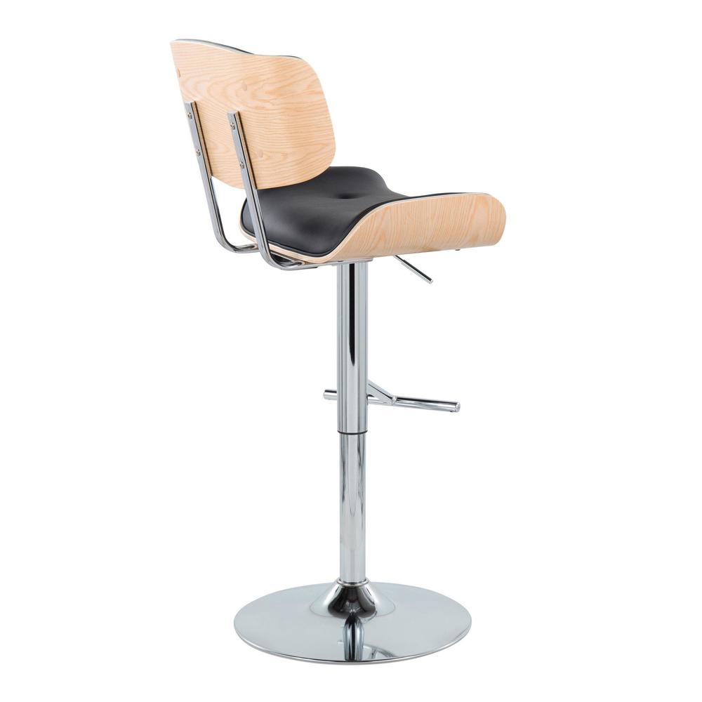 Chrome Metal, Natural Wood, Black PU Lombardi Adjustable Barstool - Set of 2. Picture 4