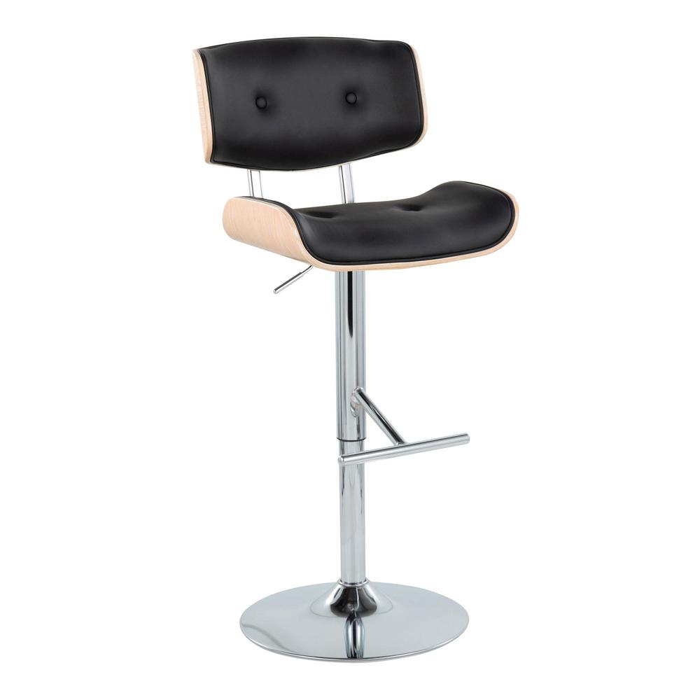 Chrome Metal, Natural Wood, Black PU Lombardi Adjustable Barstool - Set of 2. Picture 2