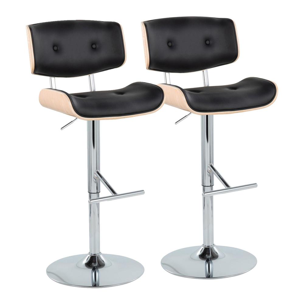 Chrome Metal, Natural Wood, Black PU Lombardi Adjustable Barstool - Set of 2. Picture 1
