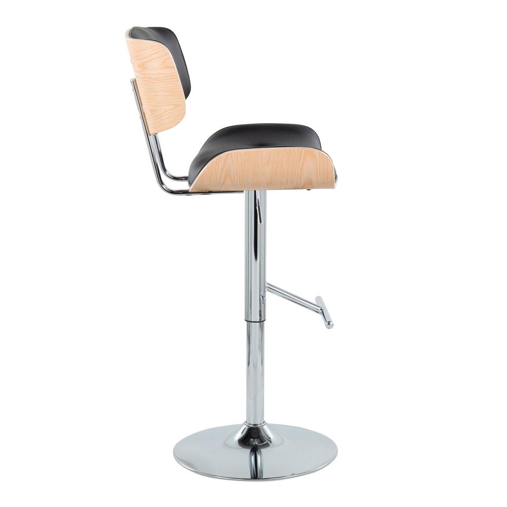 Chrome Metal, Natural Wood, Black PU Lombardi Adjustable Barstool - Set of 2. Picture 3