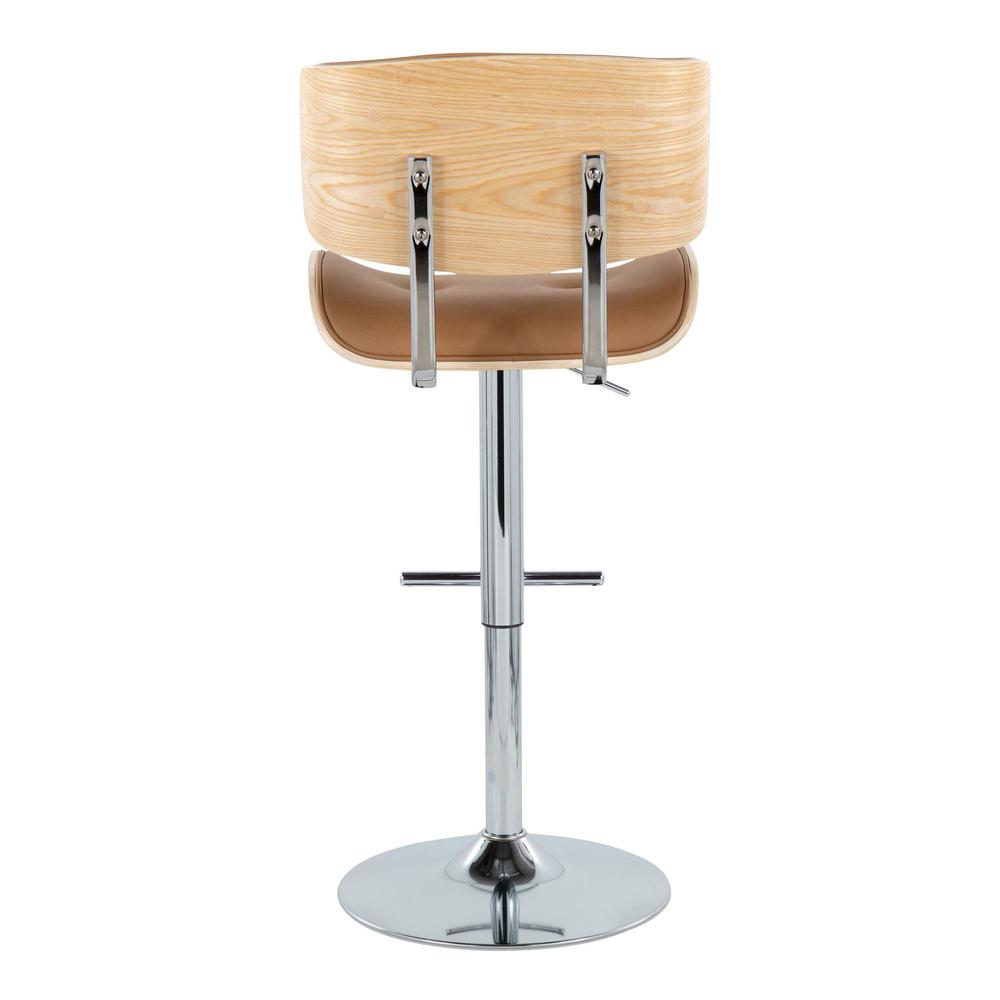 Chrome Metal, Natural Wood, Camel PU Lombardi Adjustable Barstool - Set of 2. Picture 5