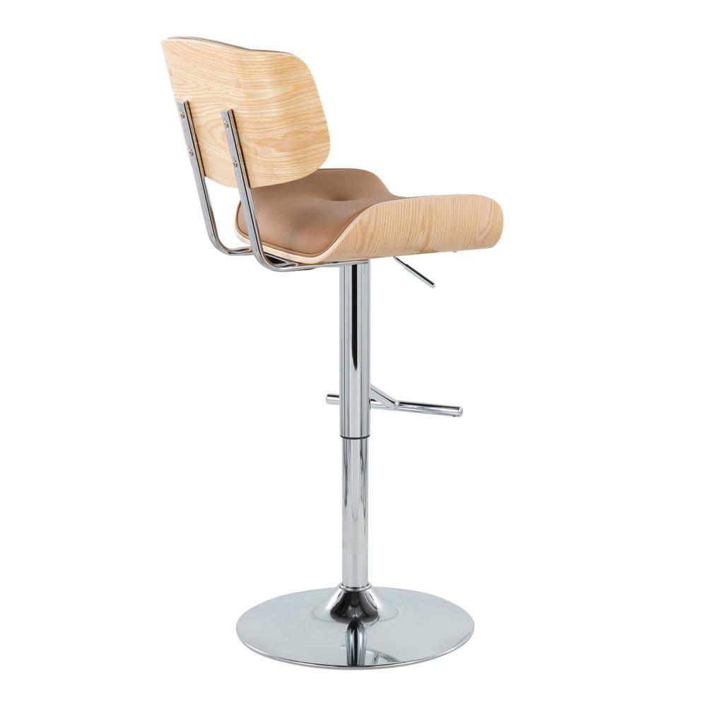 Chrome Metal, Natural Wood, Camel PU Lombardi Adjustable Barstool - Set of 2. Picture 4