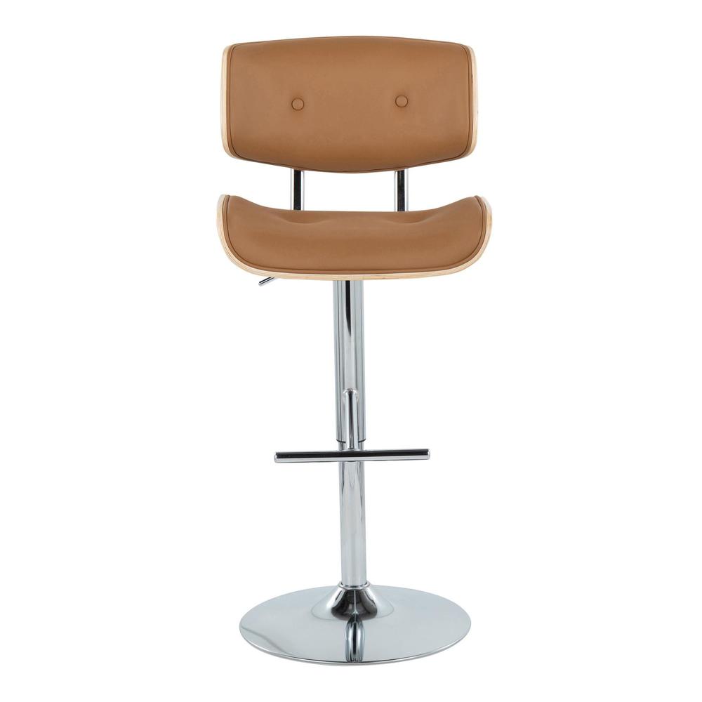Chrome Metal, Natural Wood, Camel PU Lombardi Adjustable Barstool - Set of 2. Picture 6