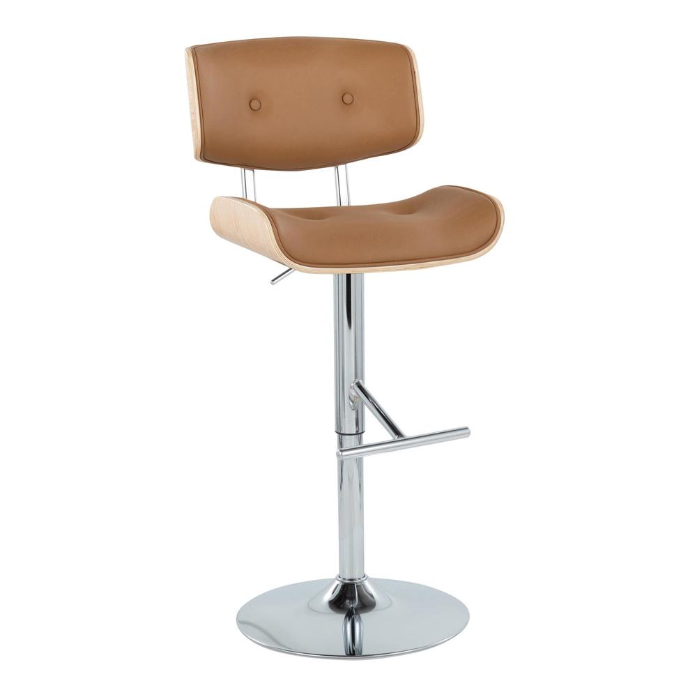 Chrome Metal, Natural Wood, Camel PU Lombardi Adjustable Barstool - Set of 2. Picture 2