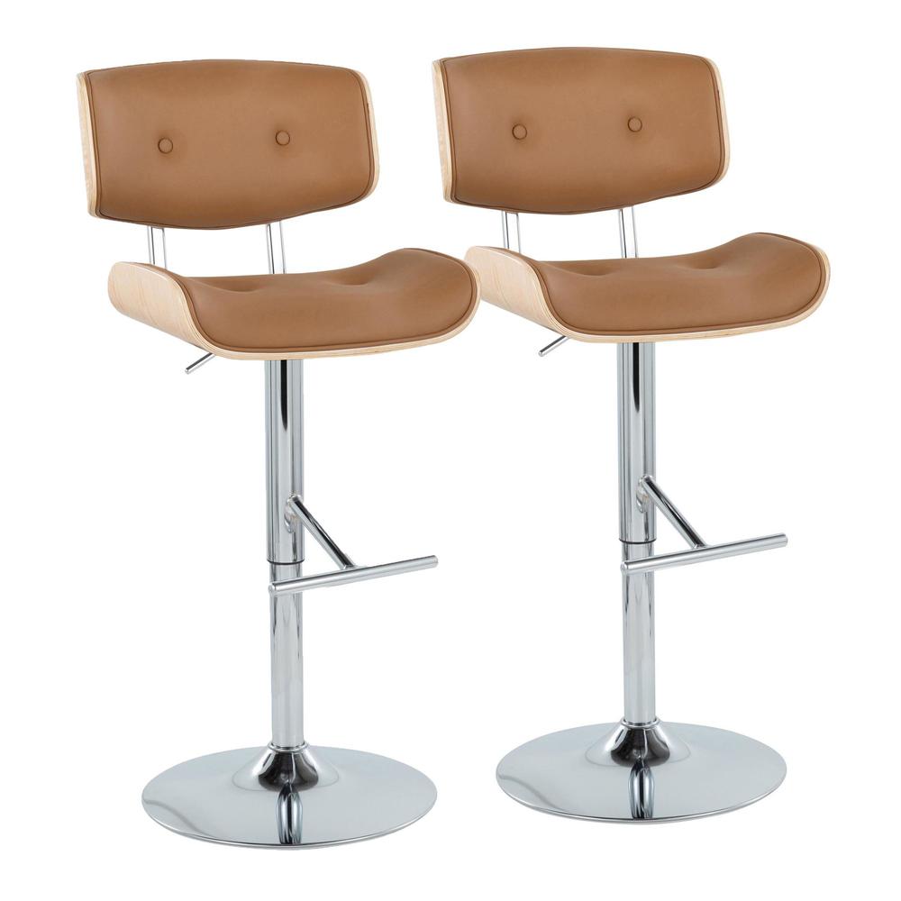 Chrome Metal, Natural Wood, Camel PU Lombardi Adjustable Barstool - Set of 2. Picture 1