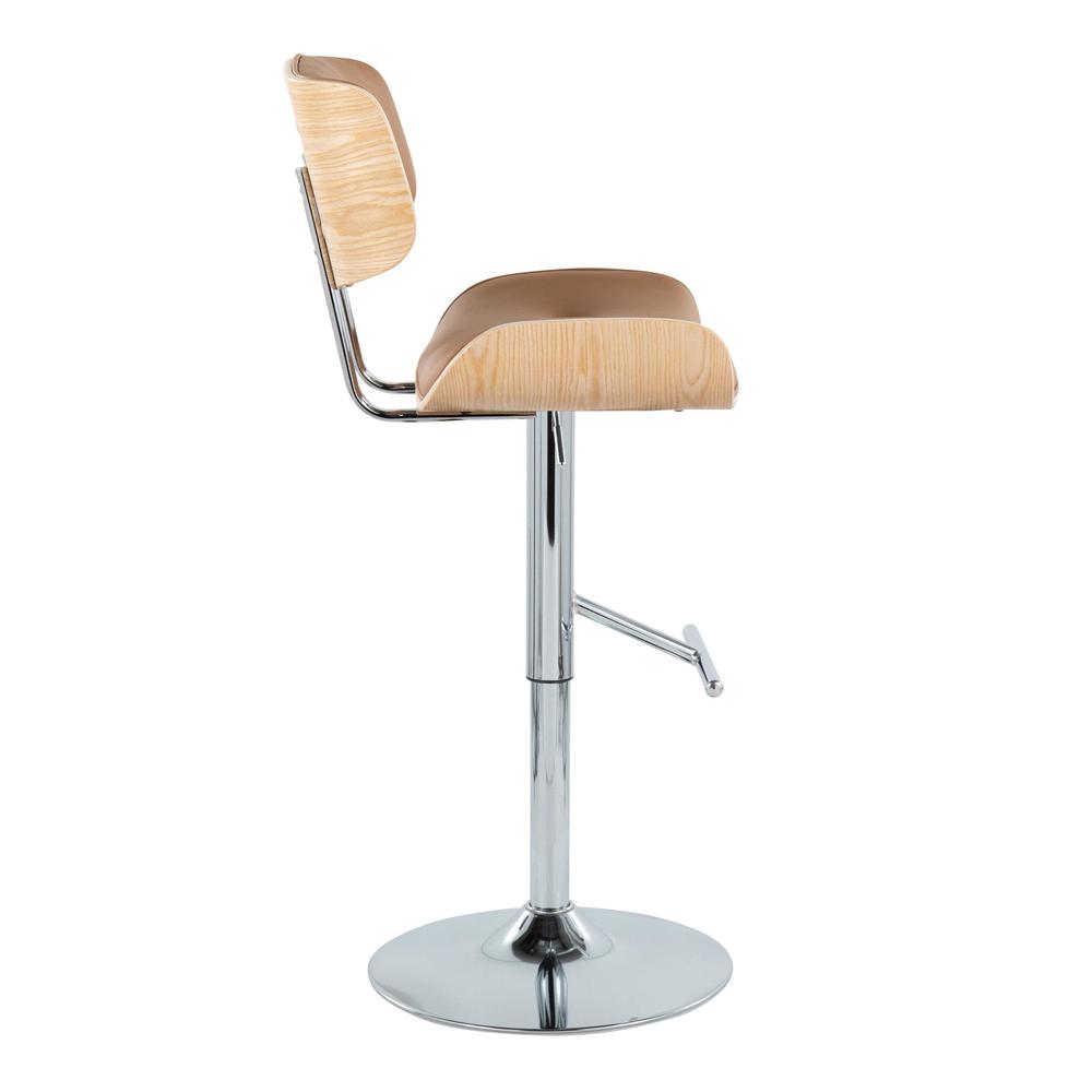 Chrome Metal, Natural Wood, Camel PU Lombardi Adjustable Barstool - Set of 2. Picture 3