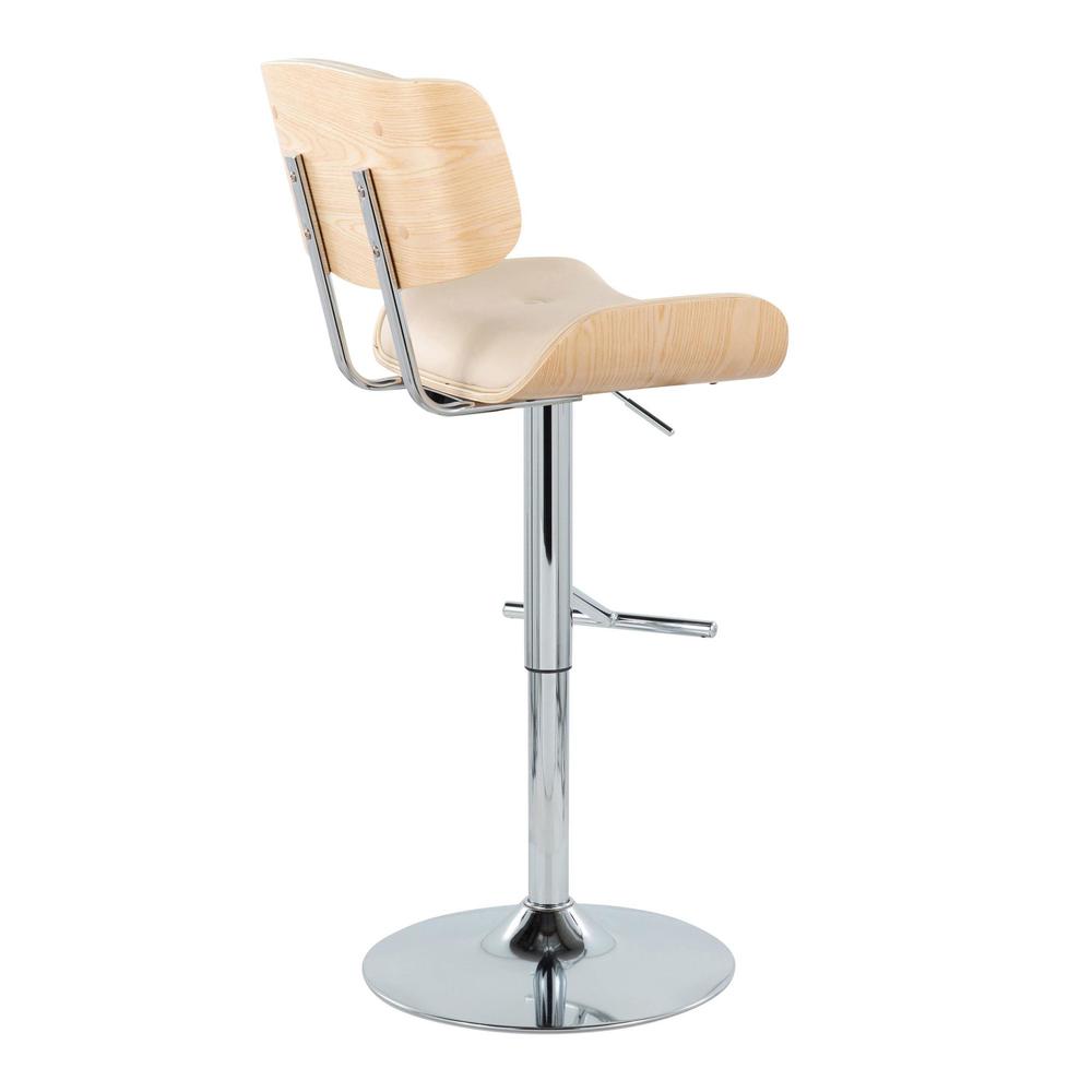 Chrome Metal, Natural Wood, Cream PU Lombardi Adjustable Barstool - Set of 2. Picture 4