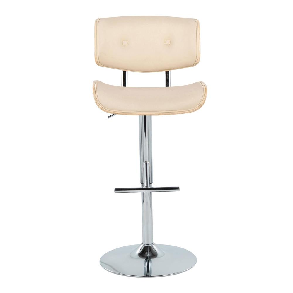Chrome Metal, Natural Wood, Cream PU Lombardi Adjustable Barstool - Set of 2. Picture 6