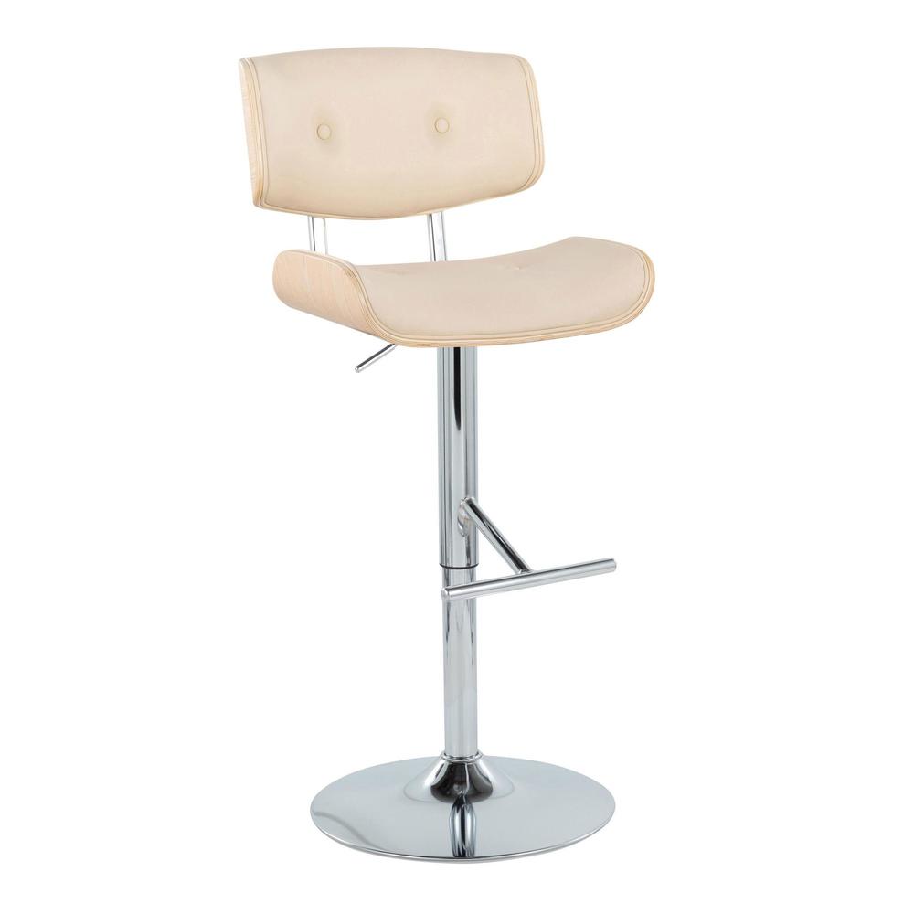 Chrome Metal, Natural Wood, Cream PU Lombardi Adjustable Barstool - Set of 2. Picture 2