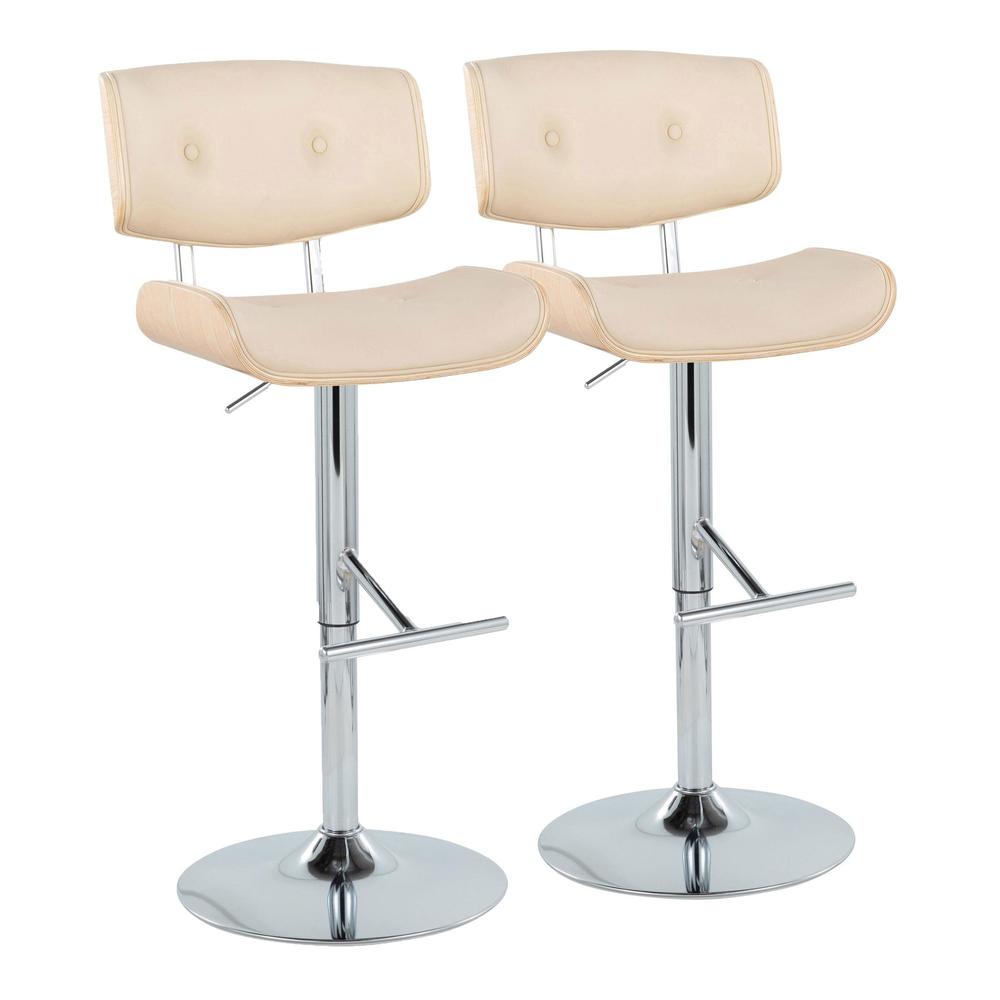 Chrome Metal, Natural Wood, Cream PU Lombardi Adjustable Barstool - Set of 2. Picture 1