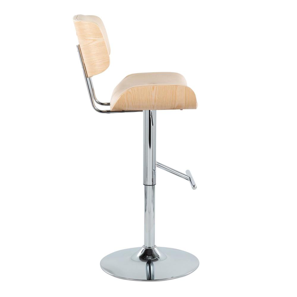 Chrome Metal, Natural Wood, Cream PU Lombardi Adjustable Barstool - Set of 2. Picture 3