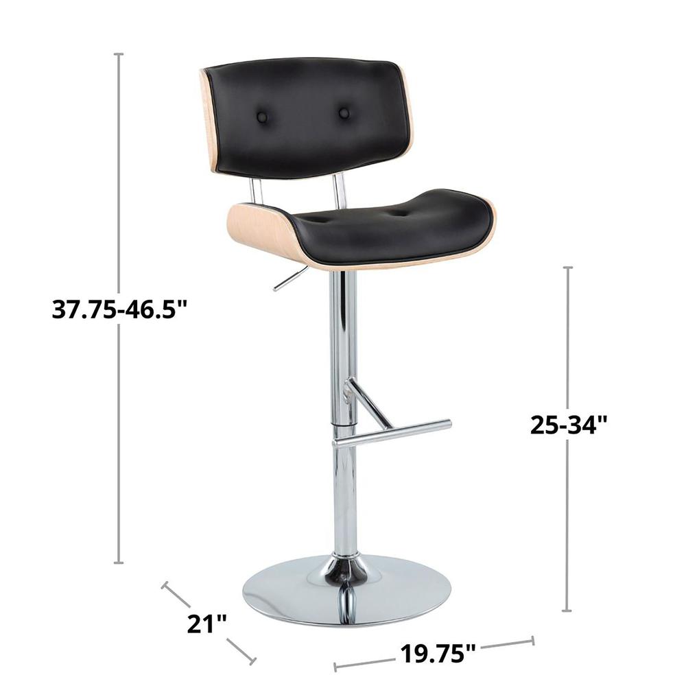 Chrome Metal, Natural Wood, Black PU Lombardi Adjustable Barstool - Set of 2. Picture 7