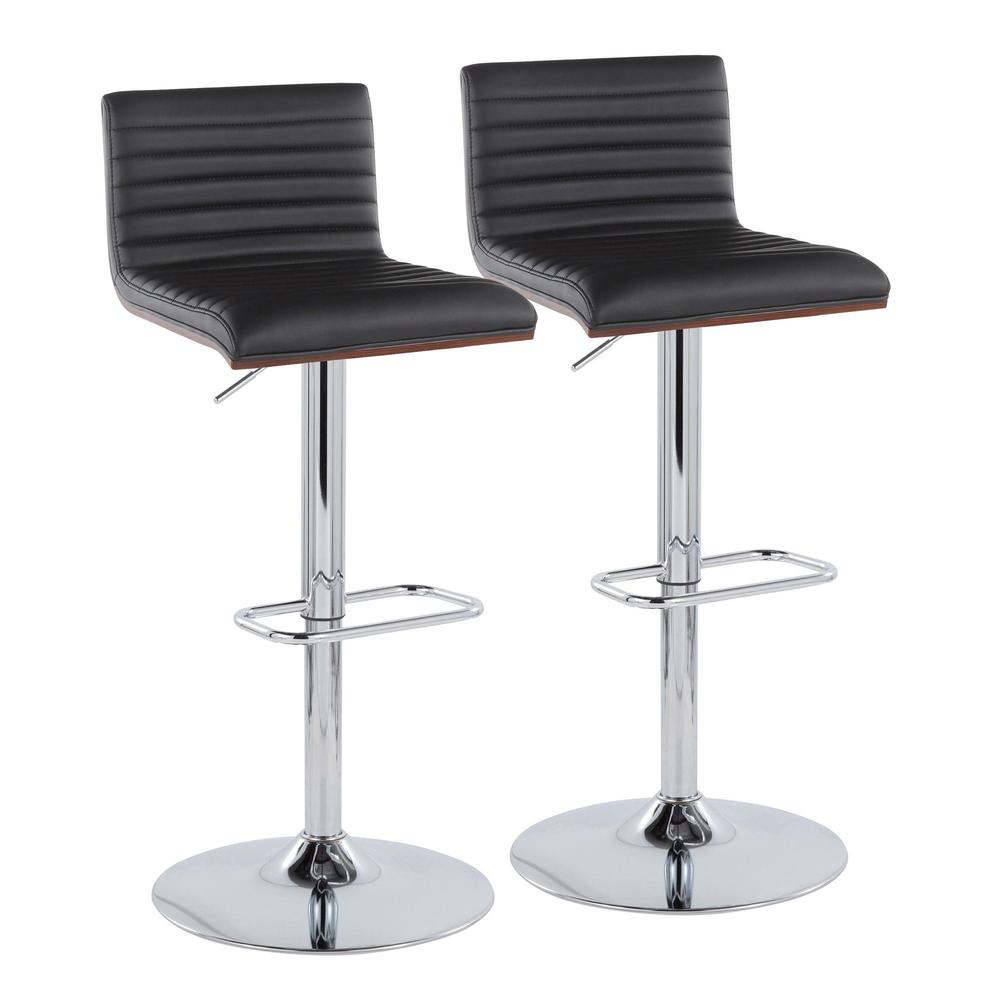 Chrome Metal, Walnut Wood, Black PU Mason Adjustable Barstool - Set of 2. Picture 1