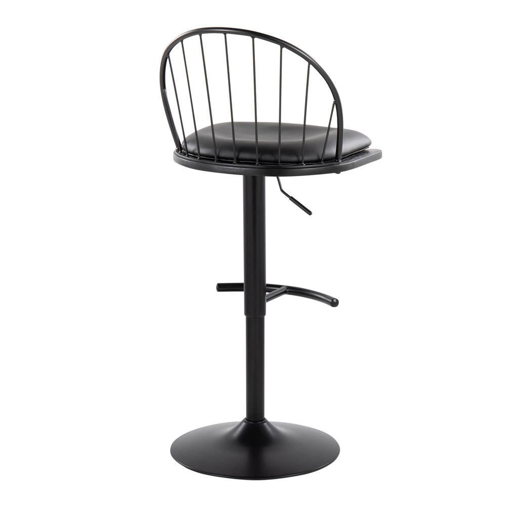 Black Metal, Black Wood, Black PU Riley Adjustable Barstool - Set of 2. Picture 4