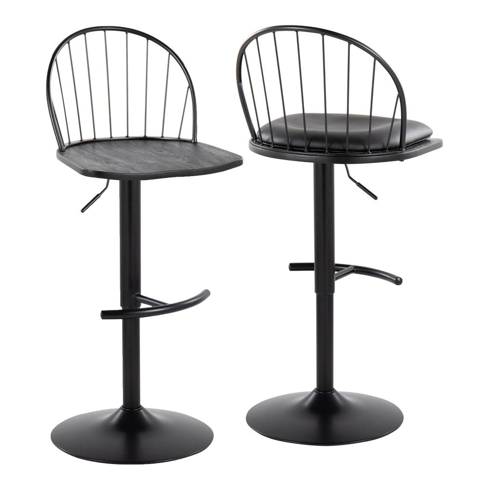 Black Metal, Black Wood, Black PU Riley Adjustable Barstool - Set of 2. Picture 7