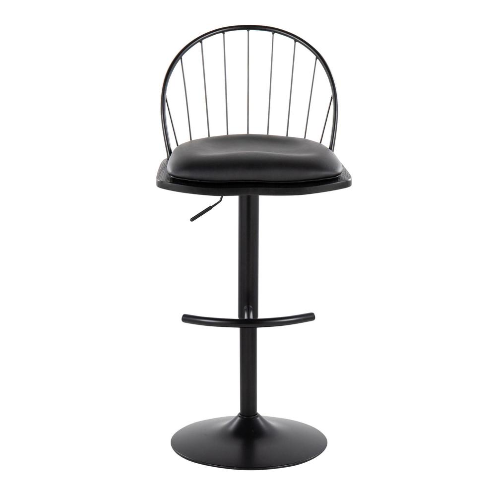 Black Metal, Black Wood, Black PU Riley Adjustable Barstool - Set of 2. Picture 6