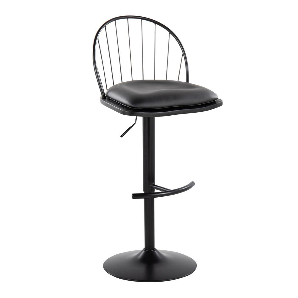 Black Metal, Black Wood, Black PU Riley Adjustable Barstool - Set of 2. Picture 2
