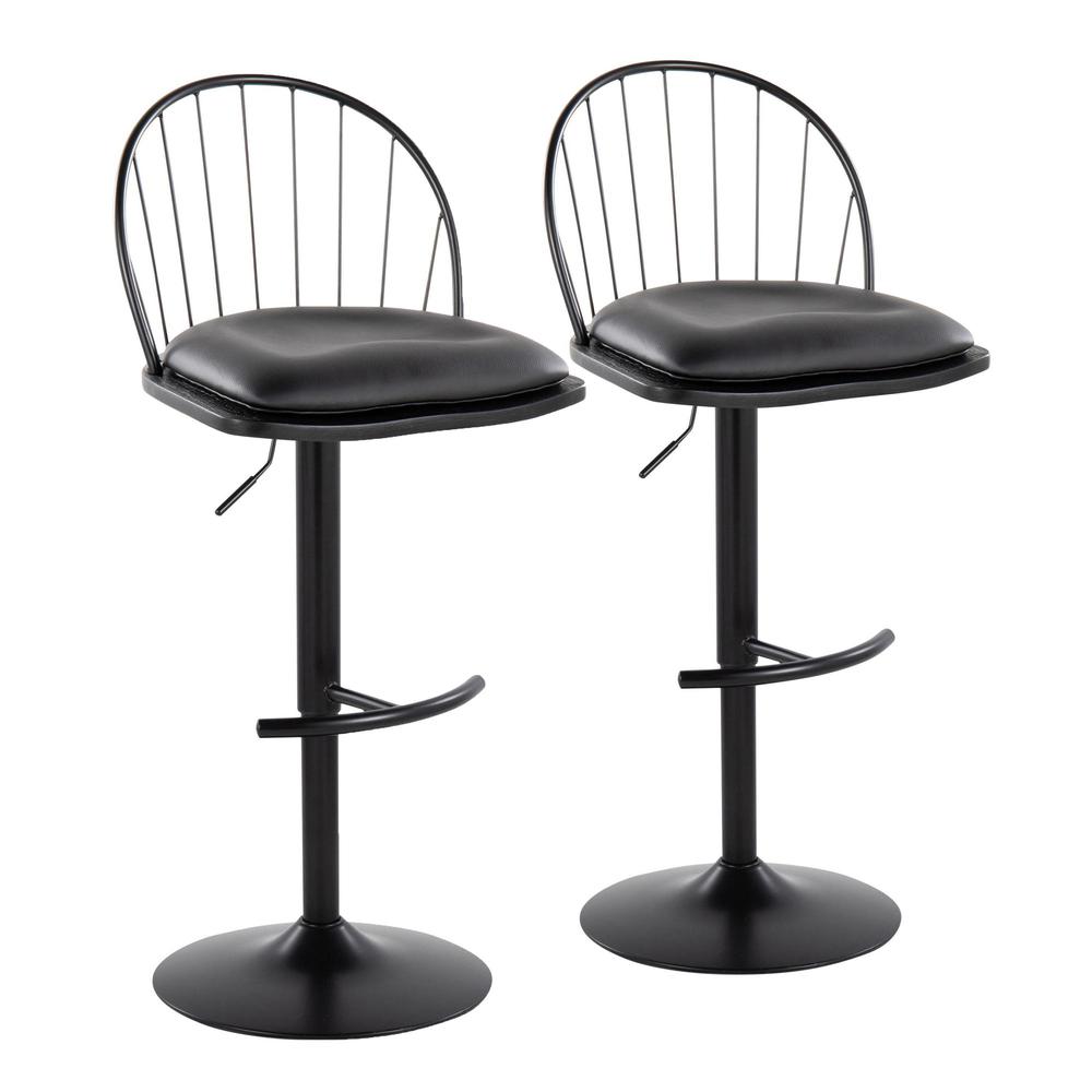 Black Metal, Black Wood, Black PU Riley Adjustable Barstool - Set of 2. Picture 1