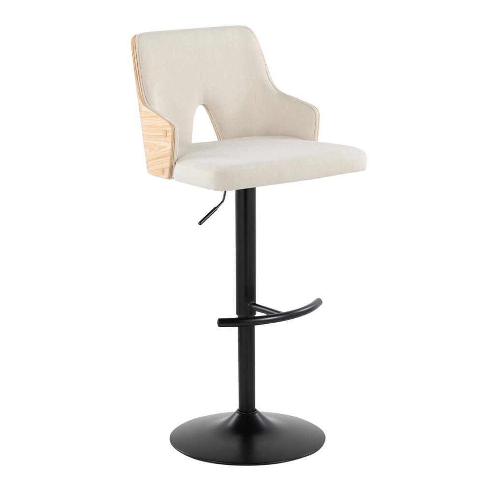 Black Metal, Natural Wood, Cream Fabric Stella Adjustable Barstool - Set of 2. Picture 2
