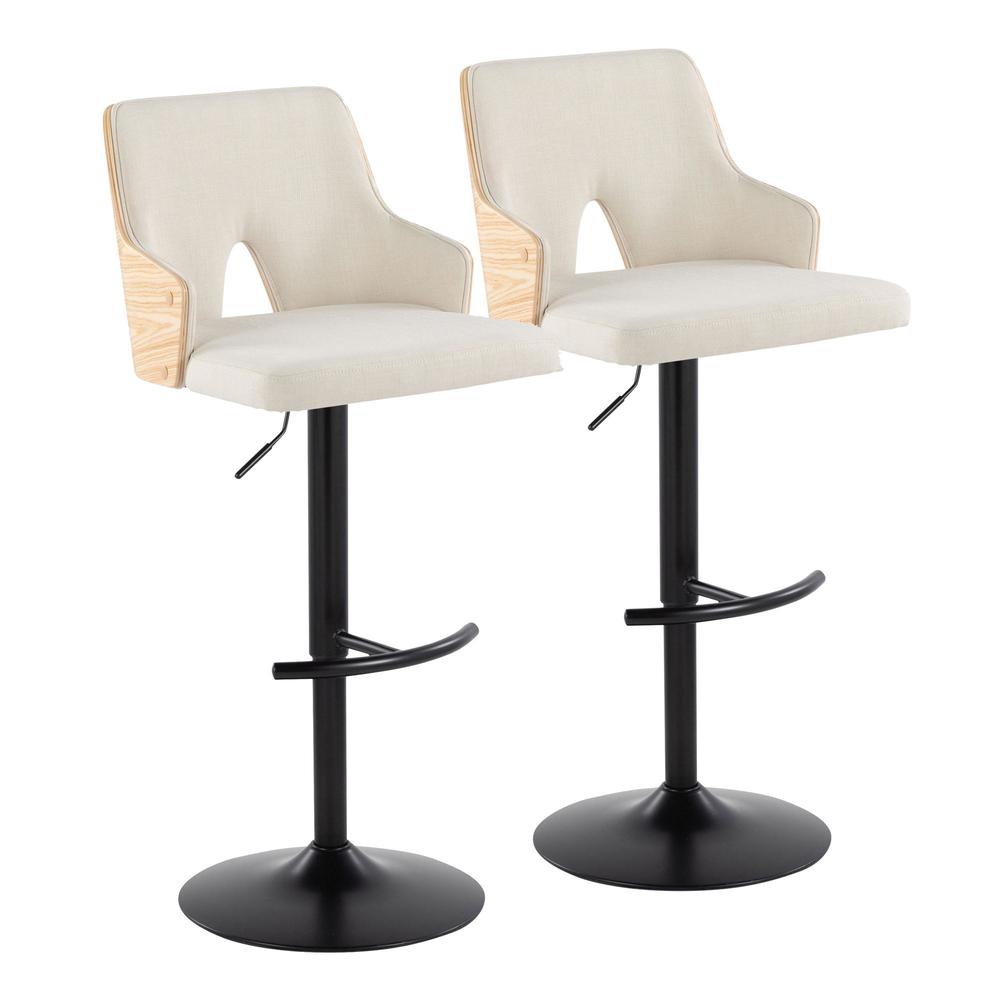 Black Metal, Natural Wood, Cream Fabric Stella Adjustable Barstool - Set of 2. Picture 1