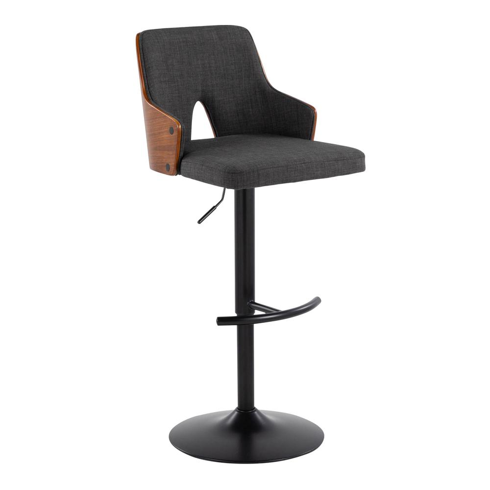 Black Metal, Walnut Wood, Charcoal Fabric Stella Adjustable Barstool - Set of 2. Picture 2