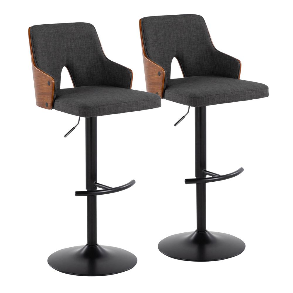 Black Metal, Walnut Wood, Charcoal Fabric Stella Adjustable Barstool - Set of 2. Picture 1