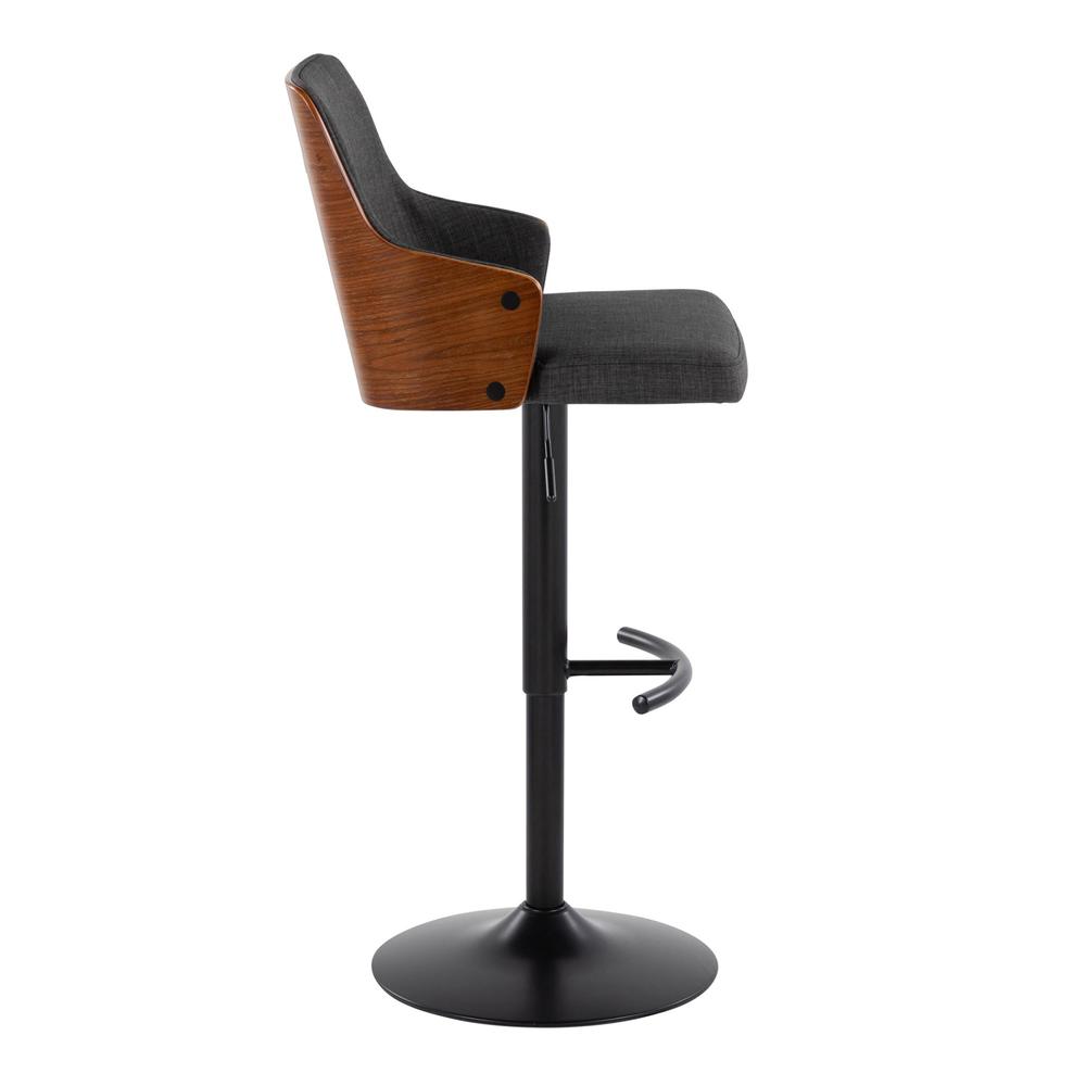 Black Metal, Walnut Wood, Charcoal Fabric Stella Adjustable Barstool - Set of 2. Picture 3