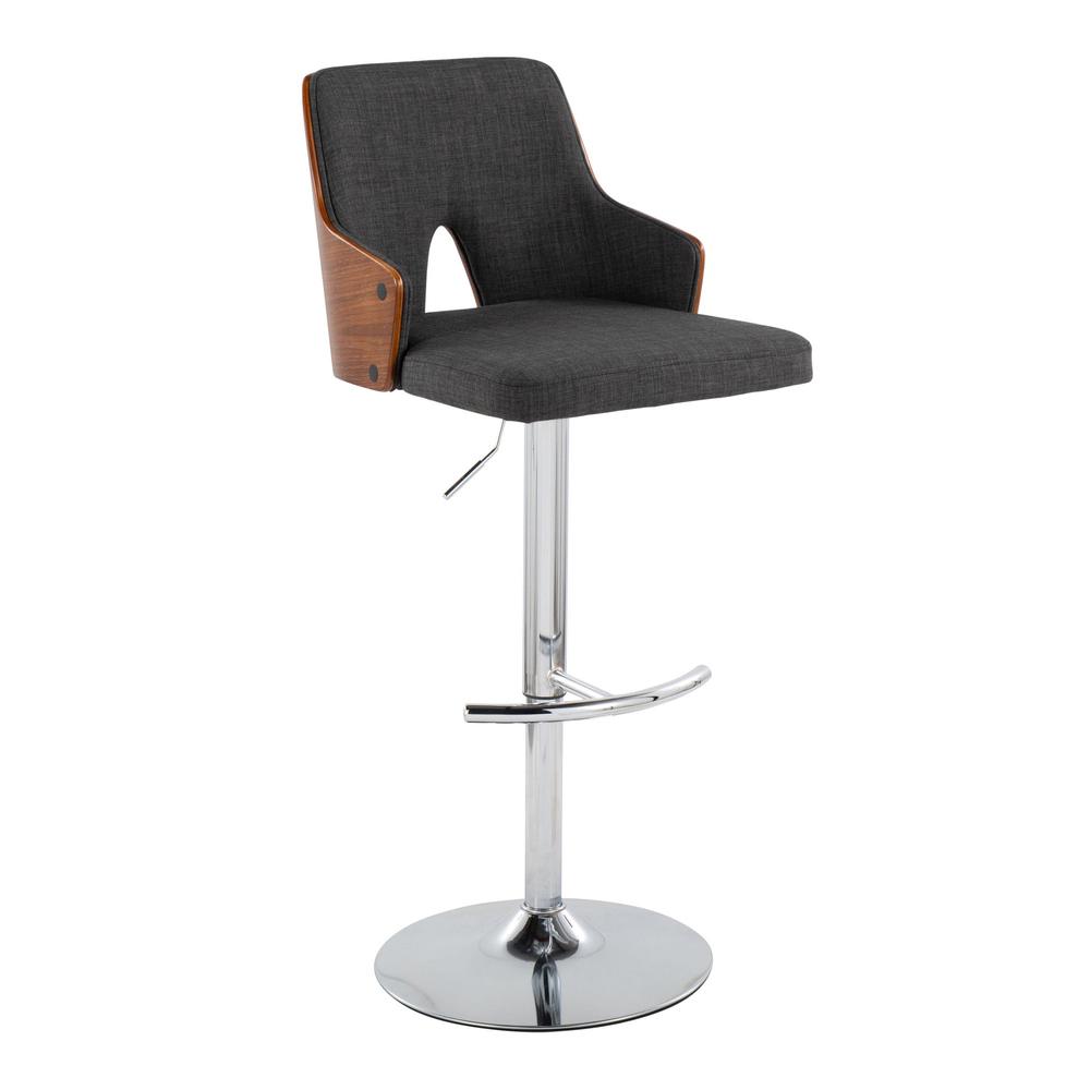 Chrome Metal, Walnut Wood, Charcoal Fabric Stella Adjustable Barstool - Set of 2. Picture 2