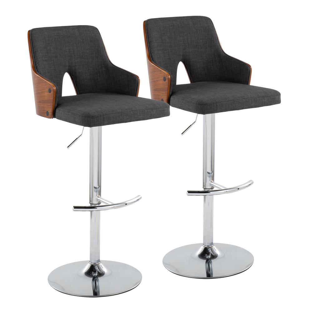 Chrome Metal, Walnut Wood, Charcoal Fabric Stella Adjustable Barstool - Set of 2. Picture 1