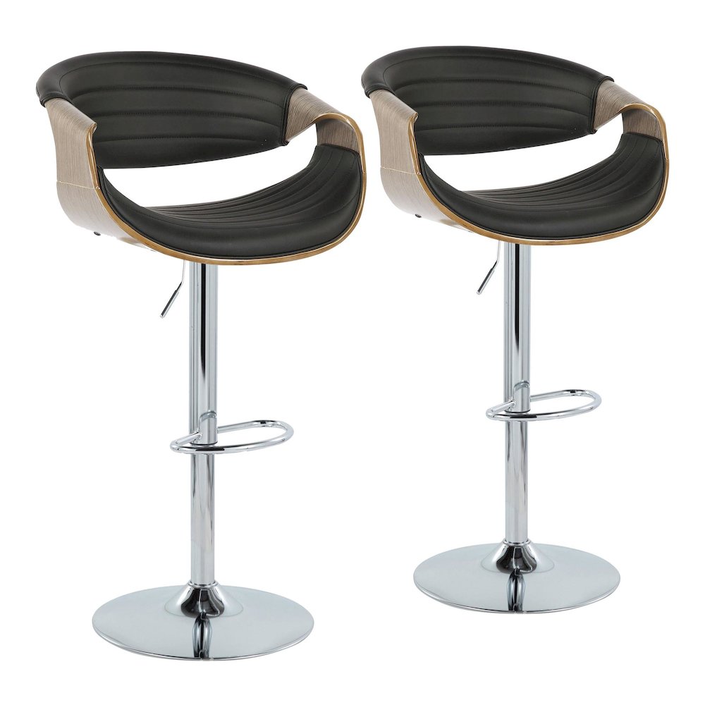 Chrome, Light Grey Wood, Black PU Symphony Adjustable Barstool - Set of 2. Picture 1