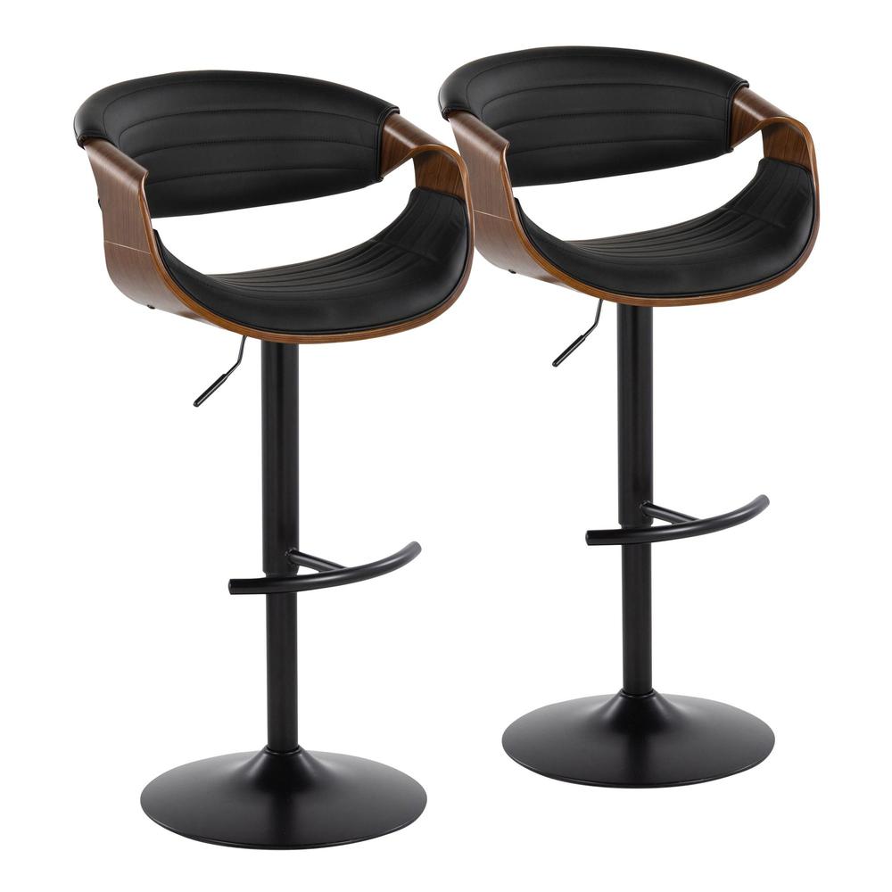 Black Metal, Walnut Wood, Black PU Symphony Adjustable Barstool - Set of 2. Picture 1
