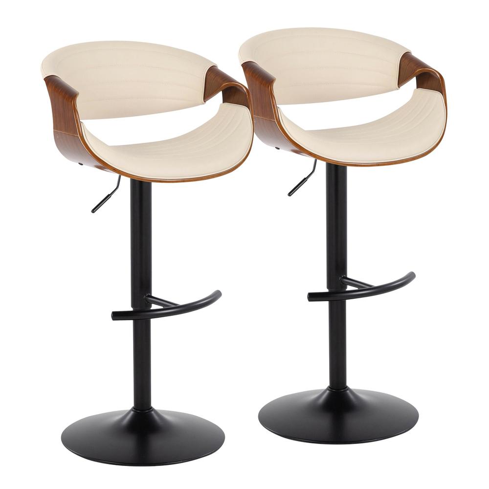 Black Metal, Walnut Wood, Cream PU Symphony Adjustable Barstool - Set of 2. Picture 1