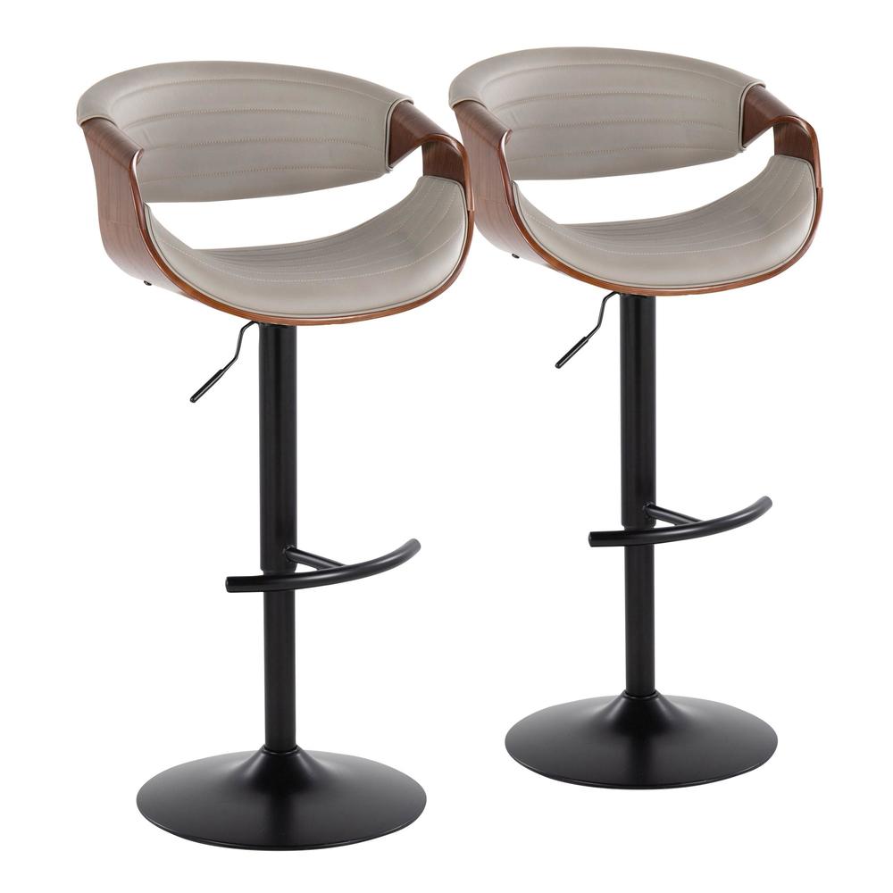 Black Metal, Walnut Wood, Grey PU Symphony Adjustable Barstool - Set of 2. Picture 1