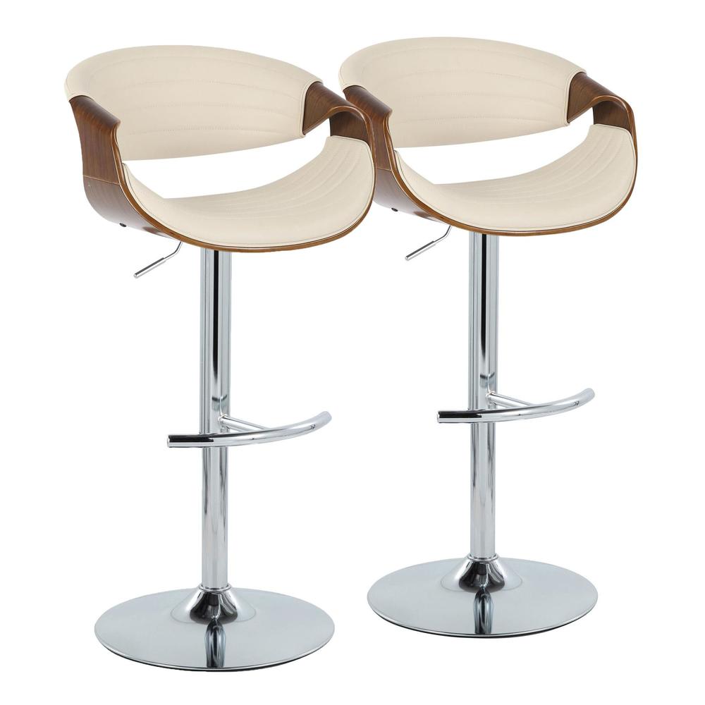 Chrome Metal, Walnut Wood, Cream PU Symphony Adjustable Barstool - Set of 2. Picture 1