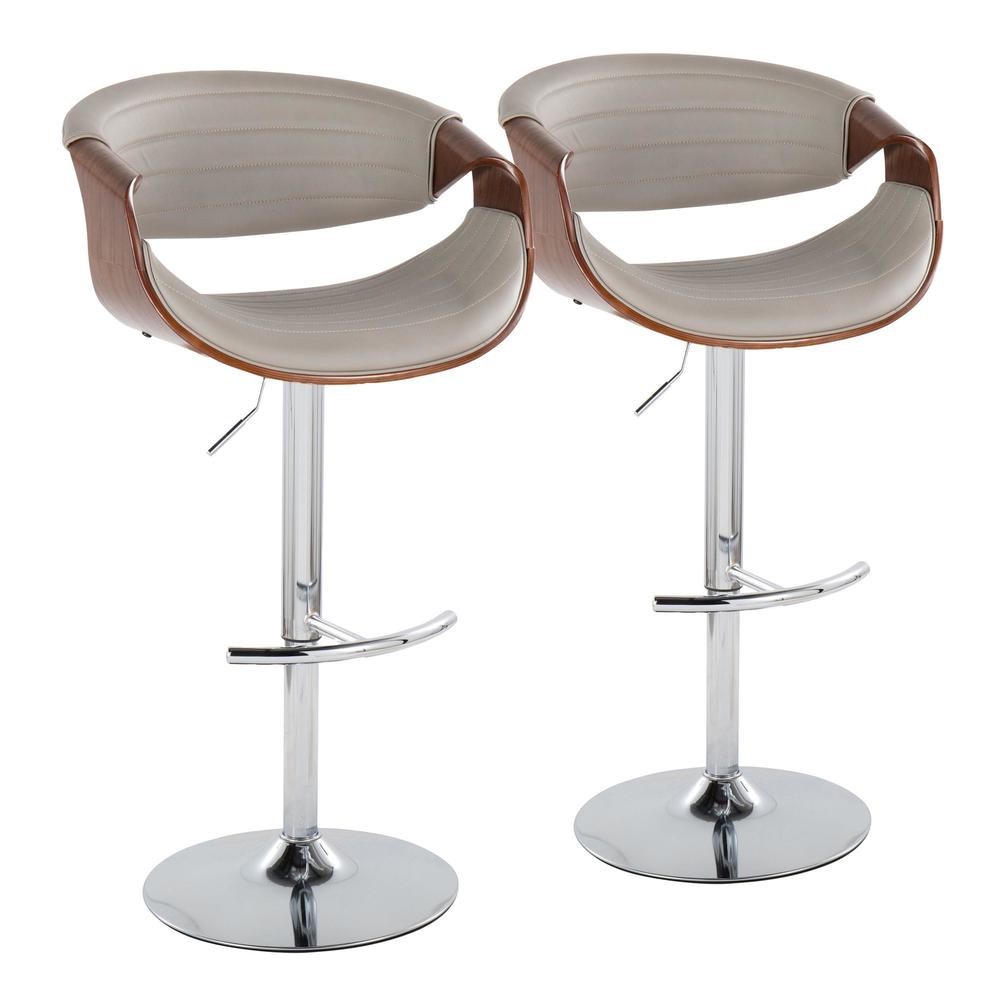 Chrome Metal, Walnut Wood, Grey PU Symphony Adjustable Barstool - Set of 2. Picture 1