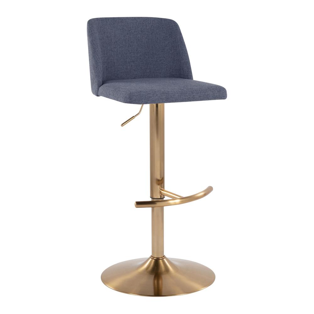 Blue Fabric, Gold Metal Toriano Adjustable Barstool - Set of 2. Picture 2