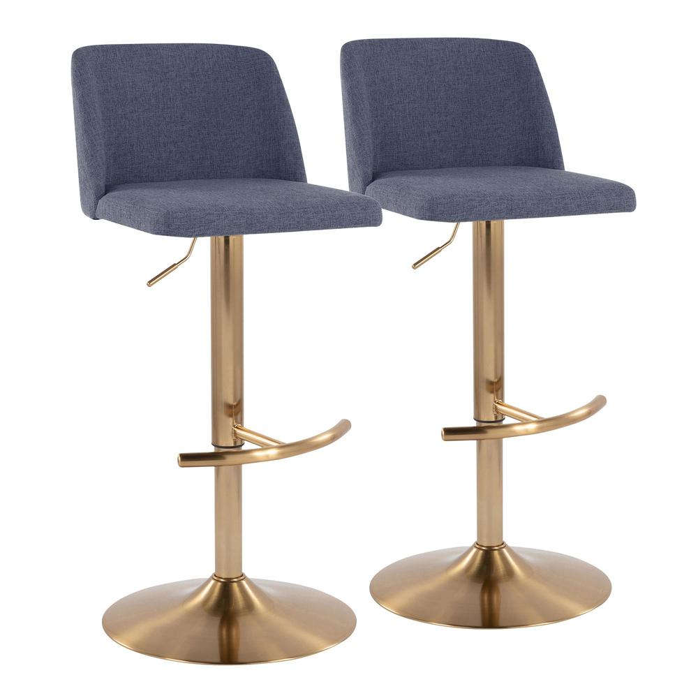 Blue Fabric, Gold Metal Toriano Adjustable Barstool - Set of 2. Picture 1
