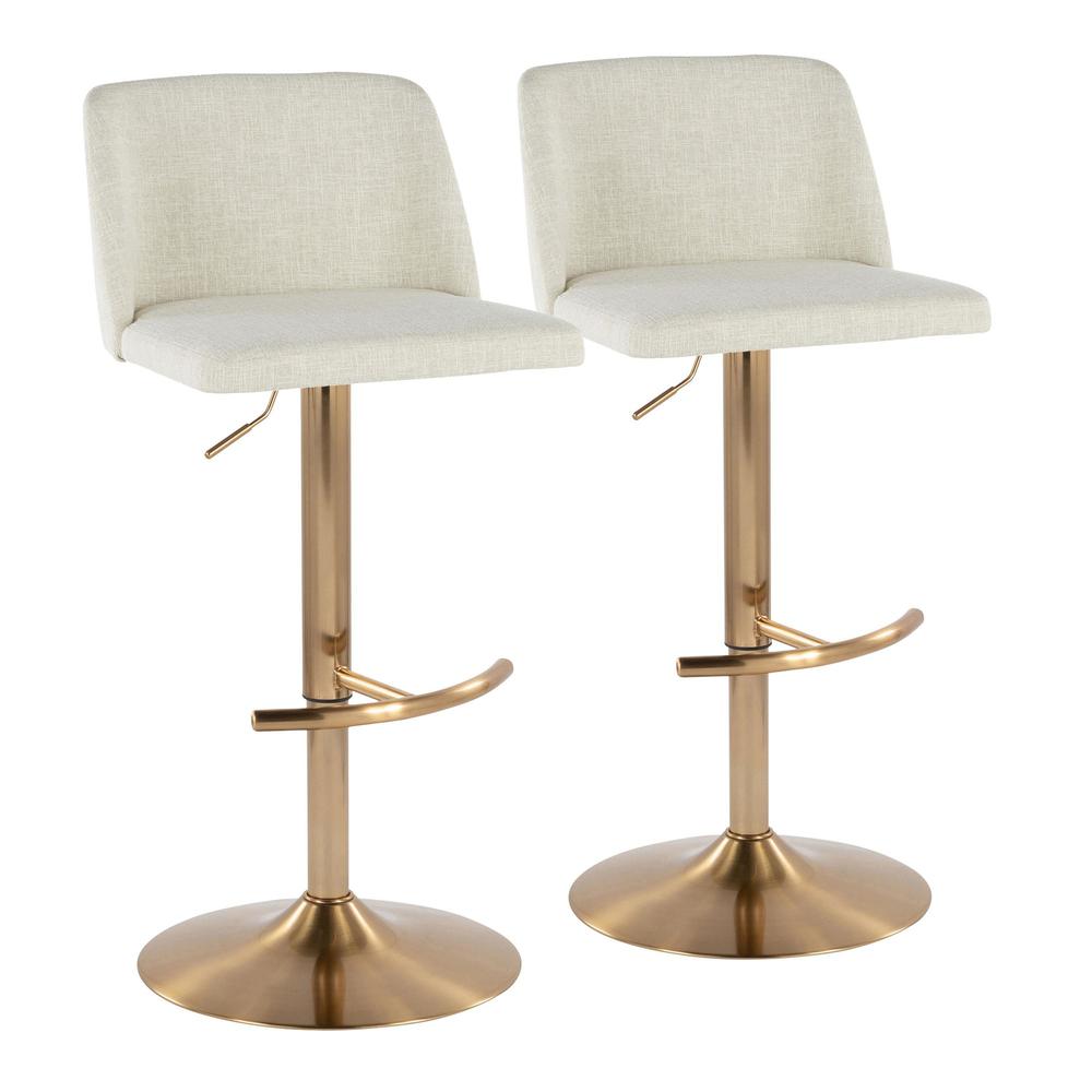 Cream Fabric, Gold Metal Toriano Adjustable Barstool - Set of 2. Picture 1