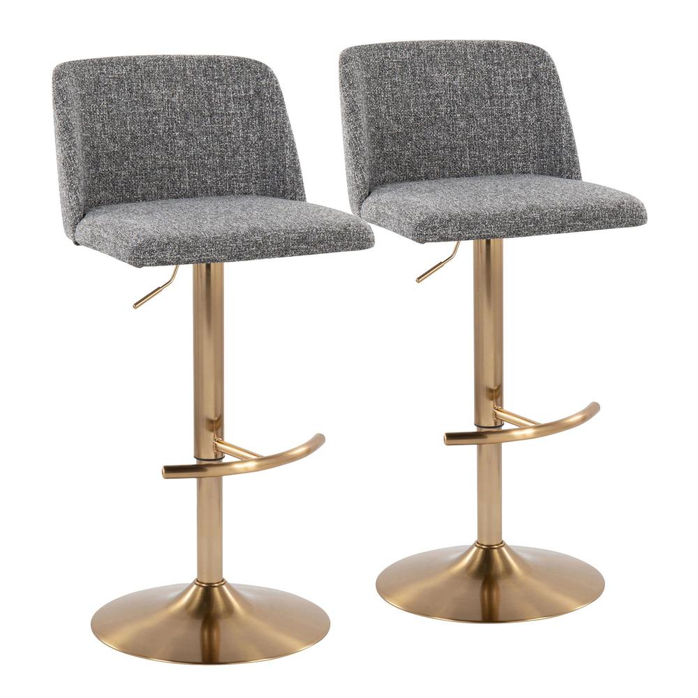 Grey Noise Fabric, Gold Metal Toriano Adjustable Barstool - Set of 2. Picture 1