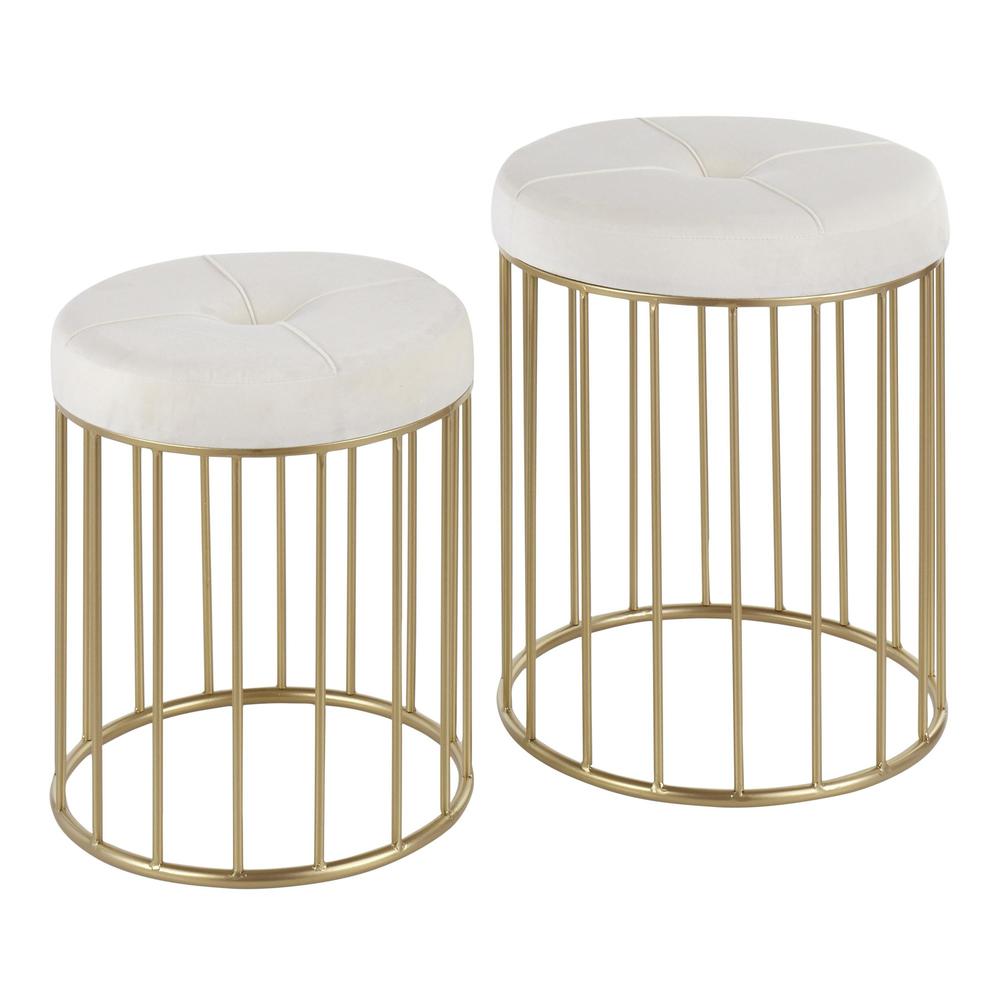 Gold Metal, Cream Velvet Canary Nesting Ottoman Set. Picture 1