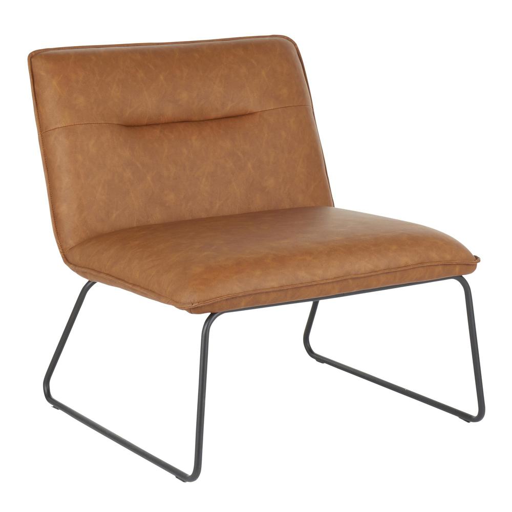 Casper Industrial Accent Chair in Black Metal and Camel Faux Leather. Picture 1