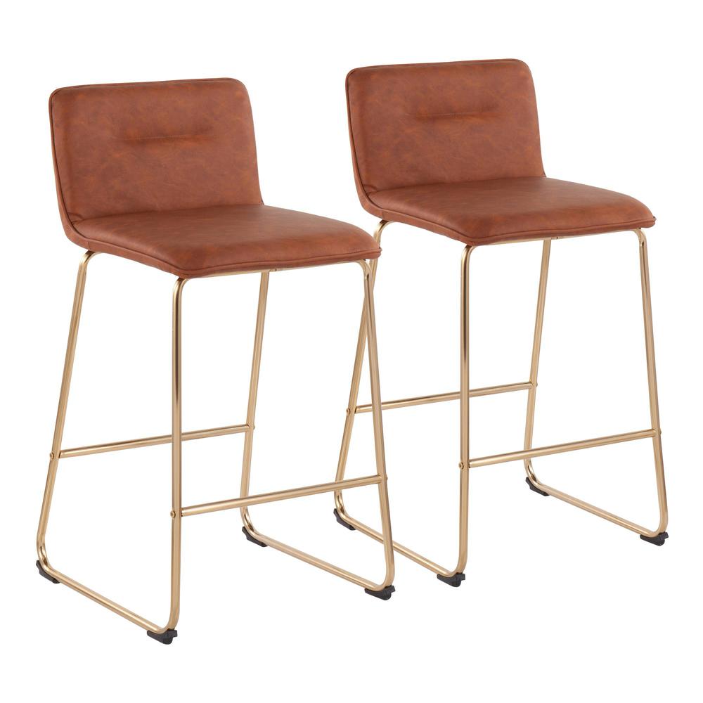 Gold Metal, Camel PU Casper Fixed-Height Counter Stool - Set of 2. Picture 1