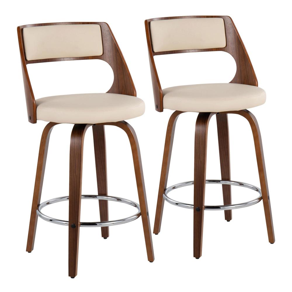 Walnut Wood, Cream PU, Chrome Cecina 24.5'' Counter Stool - Set of 2. Picture 1