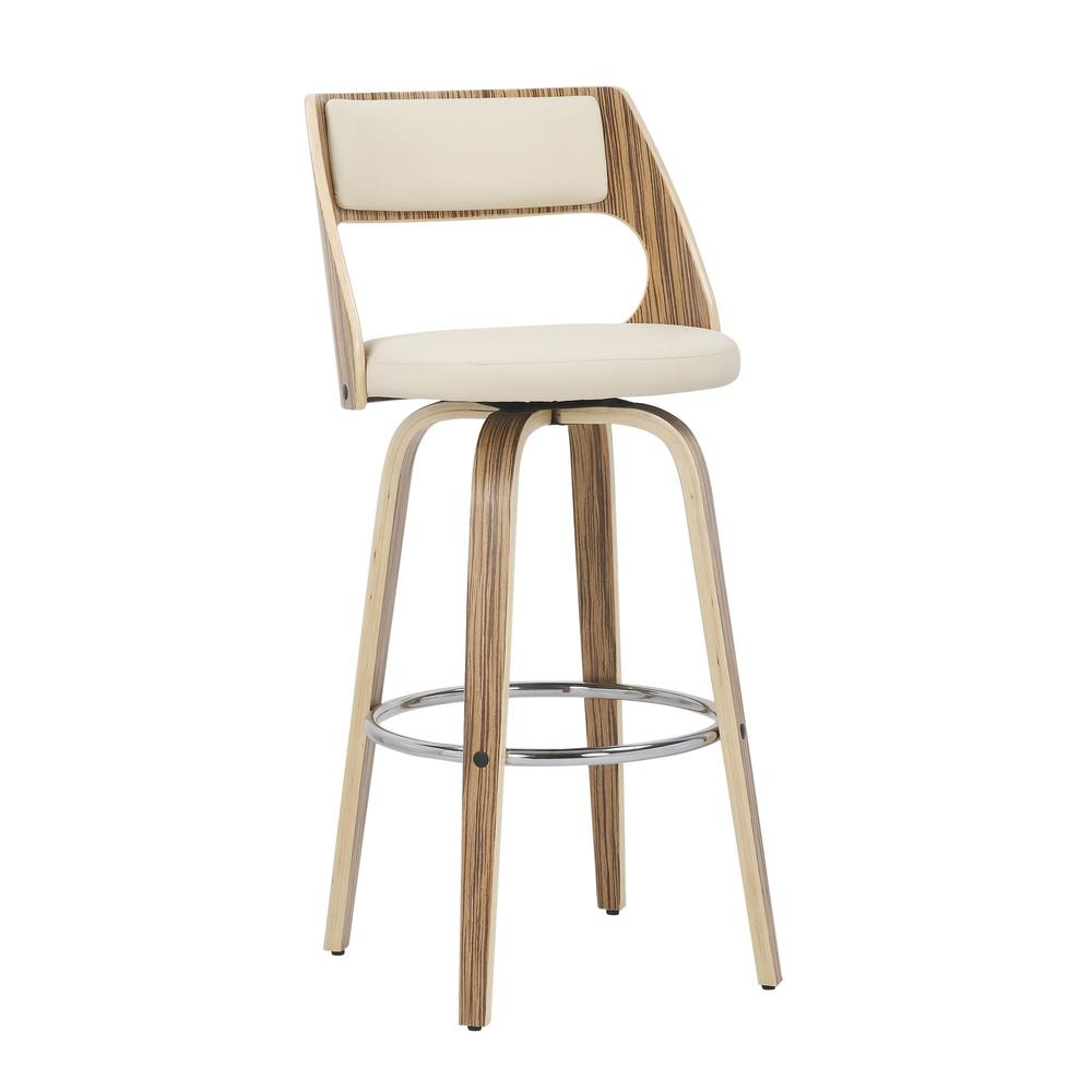 Zebra Wood, Cream PU, Chrome Cecina 30'' Fixed Height Barstool - Set of 2. Picture 2